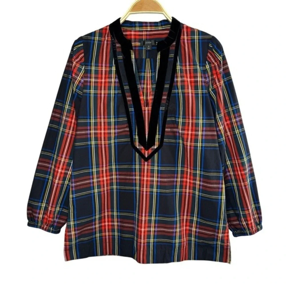 J.Crew‎ Plaid Tunic Top Small Black Red Velvet Trim Long Sleeve Preppy Classic